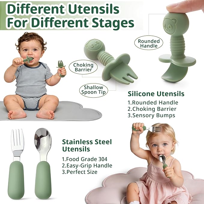 Bufims Silicone Baby Feeding Set, Baby Led Weaning Supplies, Eating Essentials Utensils with Suction Plate and Bowl, Pocket Bib, Sippy Cup with Lid, Forks Spoons Snack Container, for 6+ Months, Green