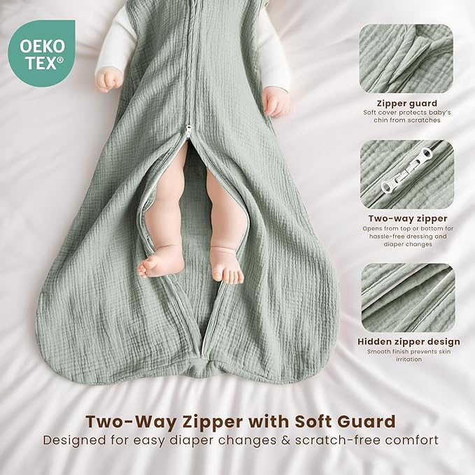Konssy Muslin Baby Sleep Sack 0-6 Months 0.8 TOG, 2 Pack 100% Cotton Wearable Blanket for Babies, 2-Way Zipper Breathable Sleeping Sack Infant Toddler Essentials for Girls and Boys (Green Dino,Green)