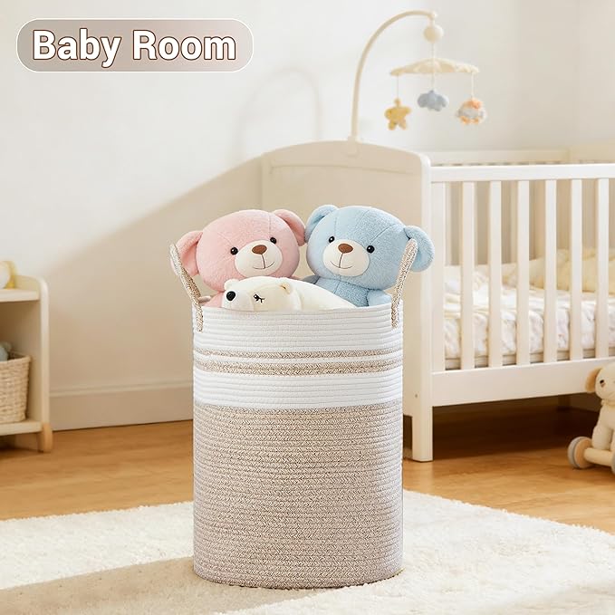 Tall Laundry Basket with Handles, 58L Portable Dirty Clothes Hamper, Boho Cotton Rope Storage Bin for Blankets Kids Toys Gifts, Decorative Organizer for Nursery Bedroom Bathroom, New Brown