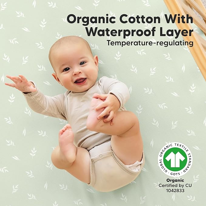 2-Pack Waterproof Crib Sheets for Boys, Girls - 52x28 Fitted Organic Cotton Baby Crib Sheets, Toddler Mattress Protector Cover, Washable, Soft & Durable Baby Bedding Essentials (Herb)