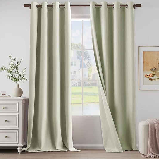 100% Blackout Linen Textured Curtains 108 Inch Length 2 Panels Set for Living Room, Bedroom, Light Weight Curtains with Grommets Top, Full Blackout Curtains Privacy Protection, Beige, 52" W x 108" L