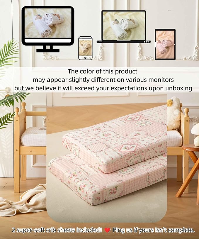 SDY Jersey FloralCrib Sheets for Baby Girls,52”x28”x8,2 Pack,Pink Flower Standard Oval/Retangle Crib Mattress Sheets for Toddler,Super Soft Breathable