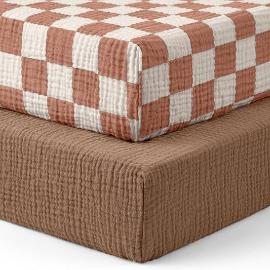 Blissful Diary Muslin Crib Sheets for Girl Boy, Boho Neutral Soft Cotton Baby Sheet for 52''x28'' Standard Crib Mattress, 2 Pack(Brown Checkboard & Brown)