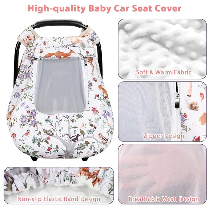 Baby Car Seat Cover, Minky Winter Infant Car Seat Cover with Windproof & Breathable Peep Window, Protects Baby from Wind & Sun (Woodland Animals)
