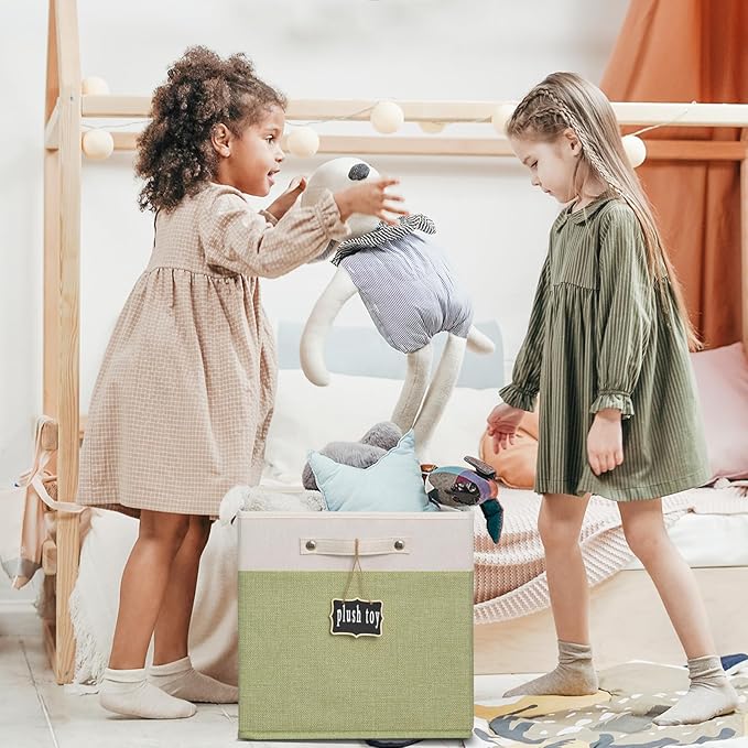 13x13x13 Inch Large Foldable Fabric Linen Cube Storage Bins【4-pack】, with Cotton Handles Closet Bins for Cabinet Shelves Home Organization and Storage bins(White&green)