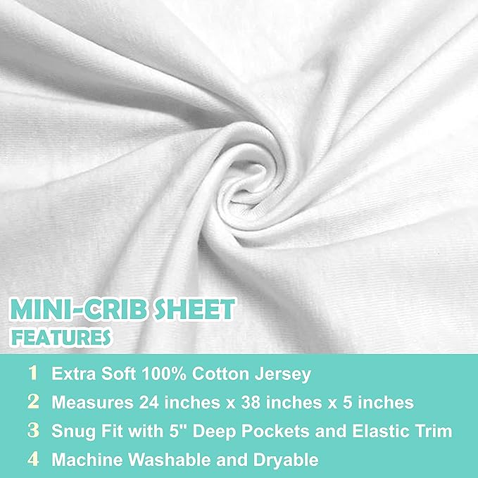 American Baby Company 2 Pack 100% Natural Cotton Fitted Mini Crib Sheets 38" x 24" - Soft & Breathable Small Nesting Portable Sheets, Fits Pack N Play Mattresses, Snow White, for Boys & Girls