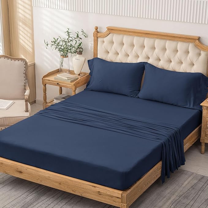 PURE ERA Jersey Knit 4pc Bed Sheet Set 100% T-Shirt Cotton Super Soft Comfy Breathable Fits Mattress Up to 20" Extra Deep Pocket (Solid Navy Blue, Queen)