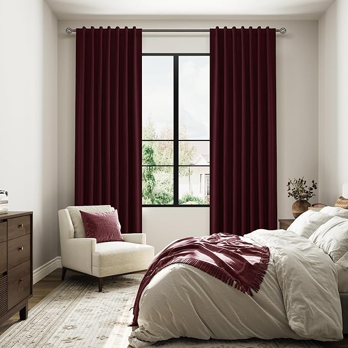 Guken 100% Blackout Curtains 100 Inch Length 2 Panels Set for Living Room Bedroom Back Tab Thermal Insulated Black Out Linen Drapes Room Darkening Window Curtains 100 Inches Long,Burgundy