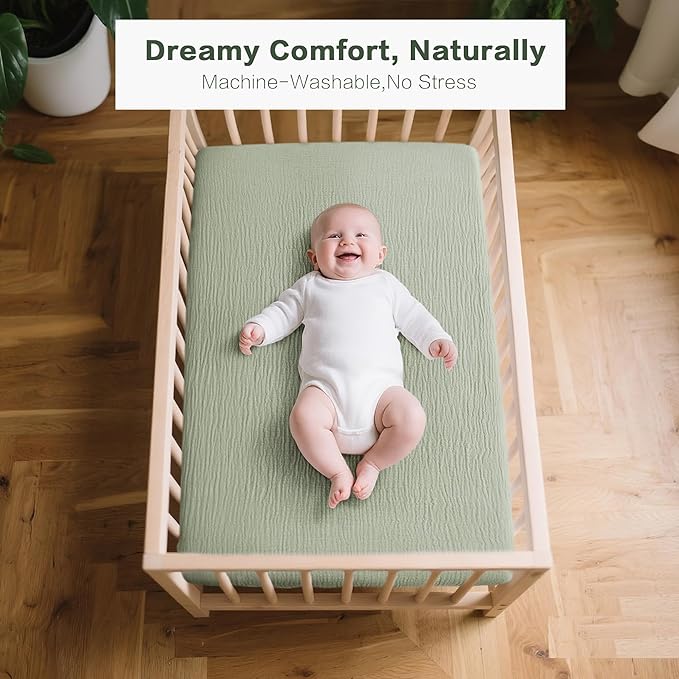 Muslin Bedside Sleeper Bassinet Fitted Sheets, 3 Pack Cotton Baby Sheet for Boys & Girls, Soft, Compatible with Baby Delight, Dream On Me, AMKE and Other Rectangle Mattress (Leaf Green)