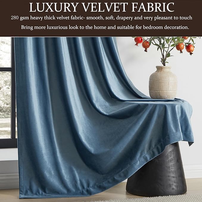 PRIMROSE 100% Full Blackout Velvet Curtains, Set of 2, Stone Blue, 52"W x 72"L (Pack of 2), Living Room & Bedroom