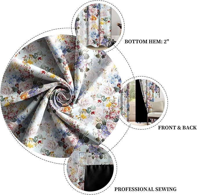 Renaiss Rustic Flower Window Curtains Watercolor Florals Painted for Living Room Decor Thermal Insulated Blackout Curtains for Bedroom Window Treatment & Drapes Grommet 53W x 108L Inch 2 Panel Set