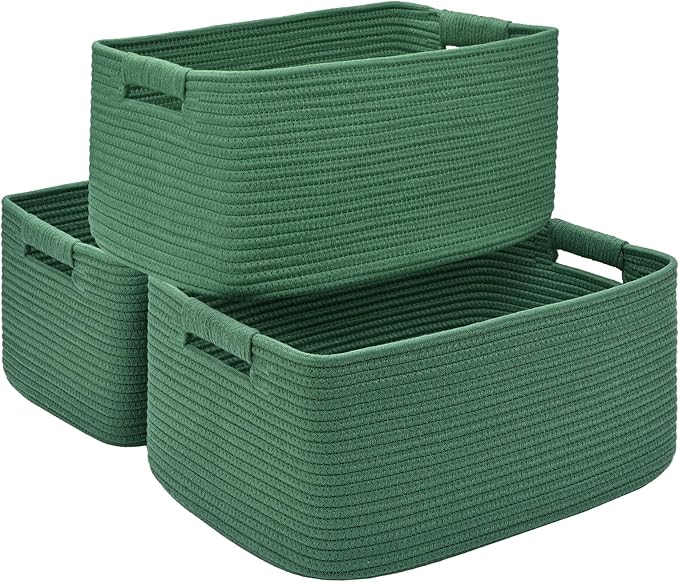 3 Pack Large Storage Basket for Organizing, 17.5"x13.5"x7.5" Woven Basket for Shelves, Closet Cube Storage Bins with Wrapped Handle, Cotton Rope Baskets for Kitchen, Clothes, Toys(Green)