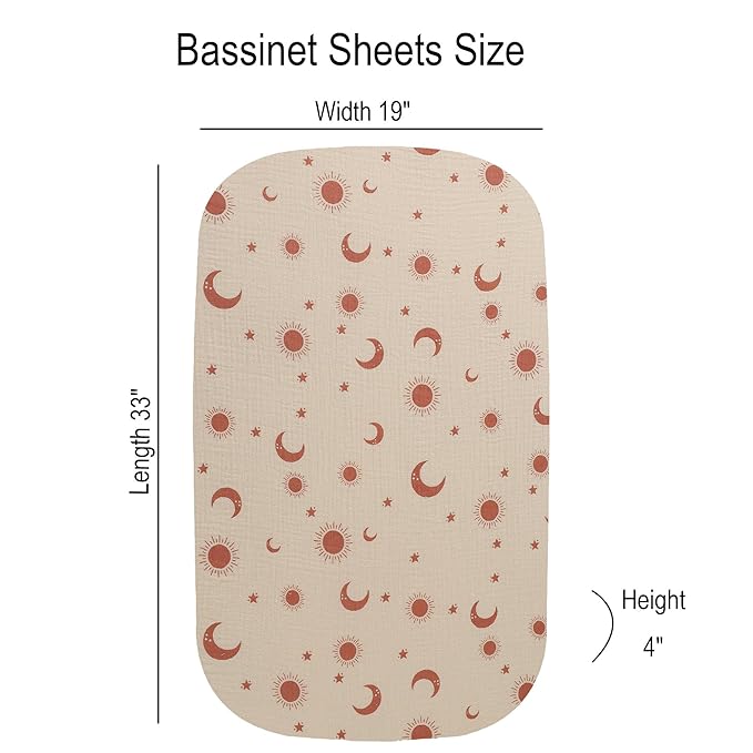 Onacosht Muslin Bassinet Sheets 3 Pack, 100% Cotton Baby Fitted Sheet 33" x 19" Compatible with Mika Micky, KoolaBaby (3 in 1), BabyBond, HARPPA and RICUTON Bedside Bassinet, Checker and Sun Moon