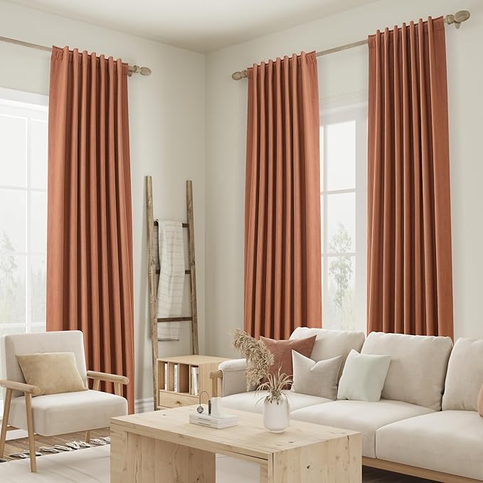 Guken Terracotta 100% Blackout Linen Curtains 102 Inch Length 2 Panels Set Fall Curtains for Living Room Bedroom Back Tab Thermal Insulated Black Out Linen Drapes，52x102