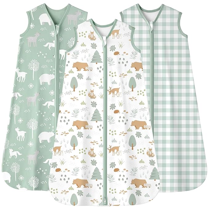 FIEMOL Baby Sleep Sack 12-18 months, 100% Cotton Sleeping Sack for Toddler, 3 Pack Baby Wearable Blanket, 0.5 Tog Lightweight Double Zipper Sleep Bag Large Green Forest Bear