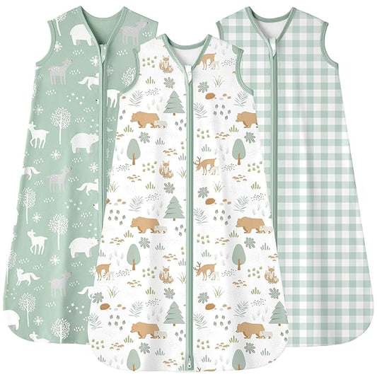 FIEMOL Baby Sleep Sack 12-18 months, 100% Cotton Sleeping Sack for Toddler, 3 Pack Baby Wearable Blanket, 0.5 Tog Lightweight Double Zipper Sleep Bag Large Green Forest Bear