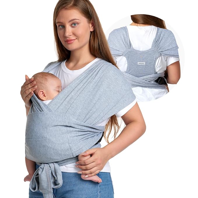 Momcozy Baby Wrap Carrier Skin-Friendly Fabric, Easy to Wear Baby Carrier Sling T-Shirt Design, Hands Free Baby Carriers Newborn to Toddler 8-35lbs, Adjustable Buckle Suit for Waist Waist 47-57, Grey