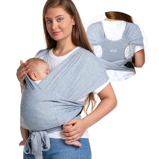 Momcozy Baby Wrap Carrier Skin-Friendly Fabric, Easy to Wear Baby Carrier Sling T-Shirt Design, Hands Free Baby Carriers Newborn to Toddler 8-35lbs, Adjustable Buckle Suit for Waist Waist 47-57, Grey