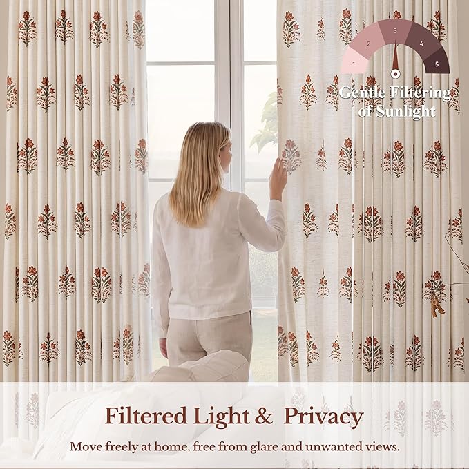 Pinch Pleated Curtains Light Filtering Red Floral Curtains for Living Room Bedroom Dining Room 120 Inches Luxury Linen Drapes Farmhouse Window Curtains with Hooks and Rings - 2 Panels Set, 40" x 120"