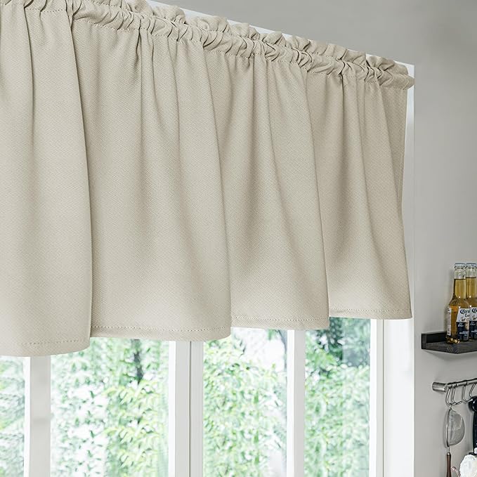 FMFUNCTEX 100% Blackout Valance Curtains for Bedroom, Cream Textured Kitchen Window Curtains 18 Inch Length Thermal Insulated Curtains for Living Room, Rod Pocket Drapes Room Darkening 1 Panel