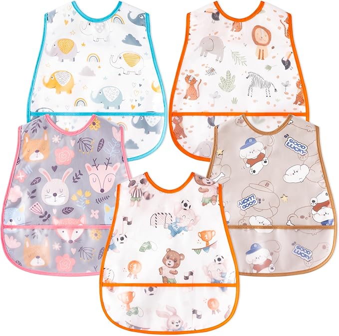 R HORSE 5Pcs Baby Bibs Set Toddler Bibs with Crumb Catcher Pocket & Snap Button Waterproof Baby Feeding Bibs for 6-24 Months
