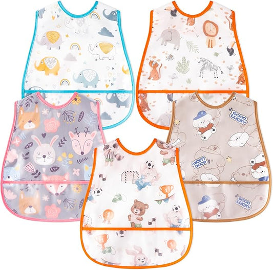 R HORSE 5Pcs Baby Bibs Set Toddler Bibs with Crumb Catcher Pocket & Snap Button Waterproof Baby Feeding Bibs for 6-24 Months