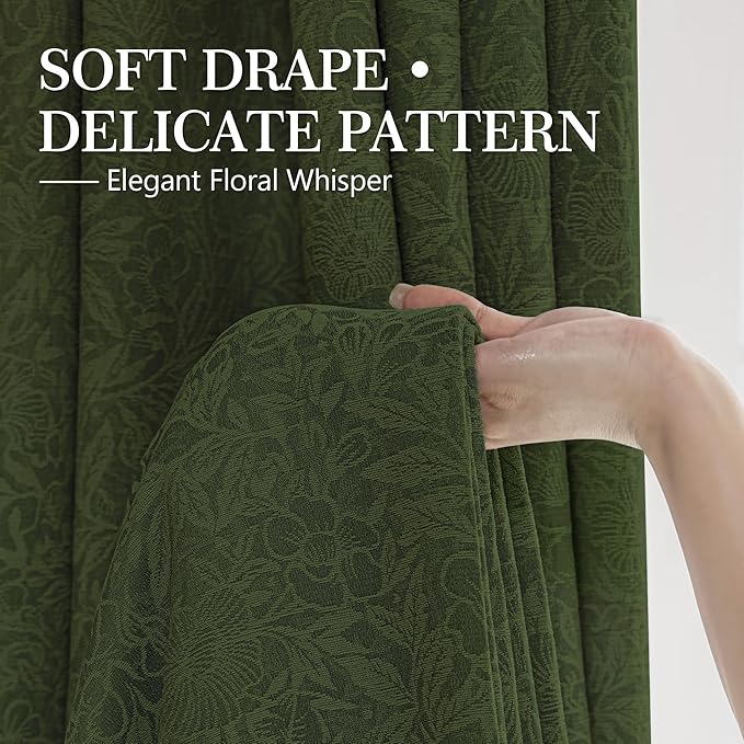 Metro Parlor Green Floral Blackout Curtains 63 Inch Length for Bedroom, Jacquard Chenille Patterned Vintage Flower Curtains for Living Room Darkening Thermal Insulated Grommet Window Drapes, 2 Panels