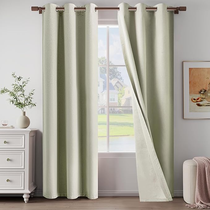 Beige 100% Blackout Linen Textured Curtains 84 Inch Length 2 Panels Set for Living Room, Bedroom, Light Weight Curtains with Grommets Top, Blackout Curtains Privacy Protection, Beige, 37" W x 84" L