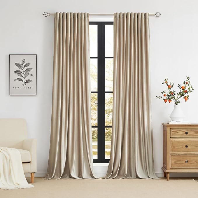 PRIMROSE Champagne Velvet Curtains 102 inch Long for Living Room,Set of 2 Panels Blackout Rod Pocket Back Tab Window Treatment Room Darkening Heavy Decorative Curtains Drapes for Bedroom