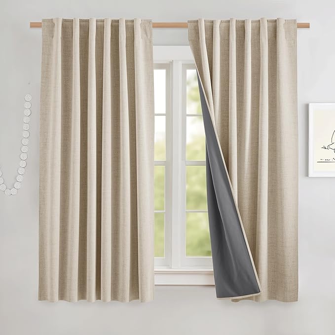 NICETOWN Cream Linen Complete Blackout Curtains 48 inches, Thermal Insulated & Noise Reducing Window Draperies with Grey Liner, Noise Reducing Short Drapes for Kids Room (52" W by 48" L, 2 Panels)