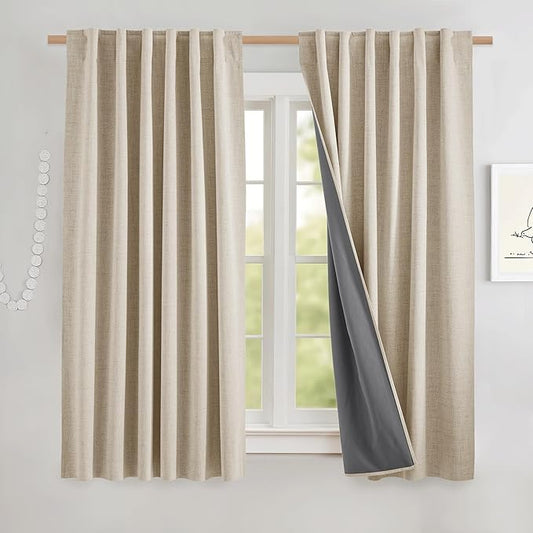 NICETOWN Cream Linen Complete Blackout Curtains 48 inches, Thermal Insulated & Noise Reducing Window Draperies with Grey Liner, Noise Reducing Short Drapes for Kids Room (52" W by 48" L, 2 Panels)