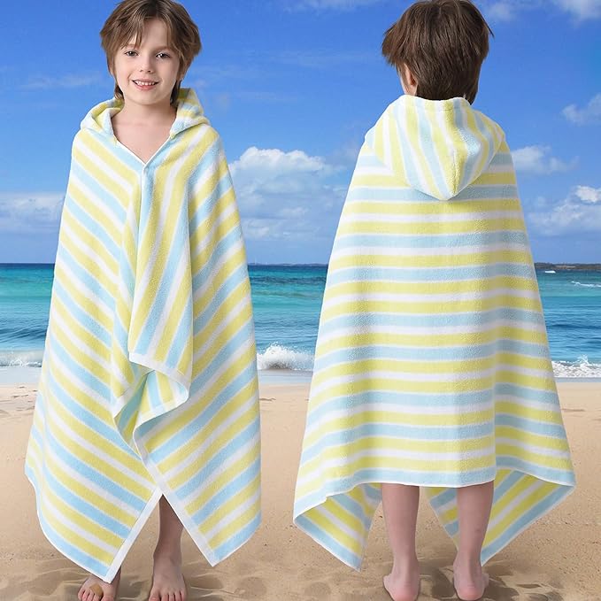 VOOVA & MOVAS Toddler Towels for Boys - 100% Cotton (3-10Years) - Quick Dry Absorbent Lightweigh Hooded Wrap Towel for Pool | Swim | Beach | Bath, Yellow Blue Stripe