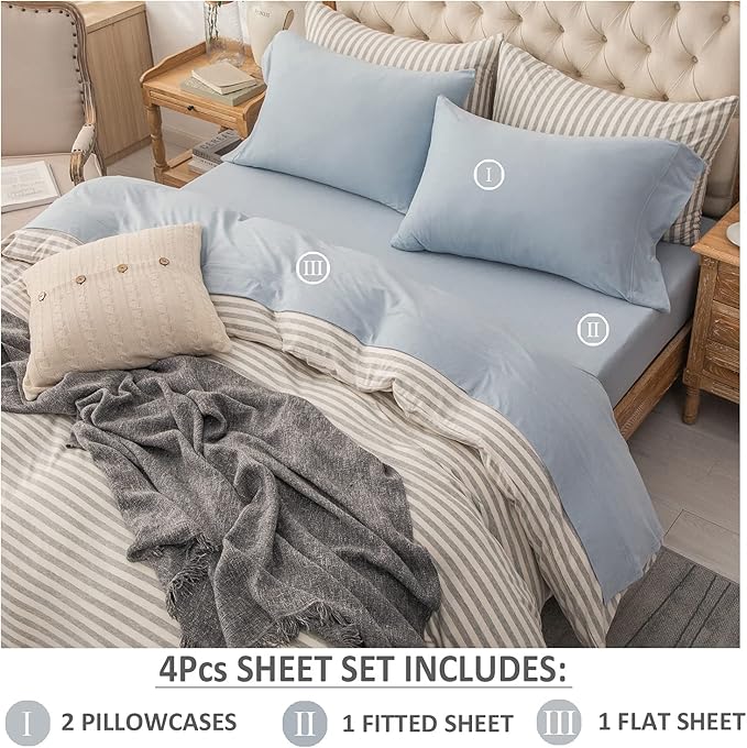 PURE ERA Jersey Knit 4pc Bed Sheet Set 100% T-Shirt Heather Cotton Super Soft Comfy Breathable Fits Mattress Up to 20" Extra Deep Pocket (Solid Light Blue, King)