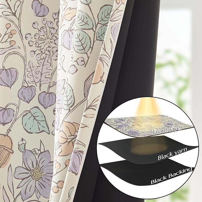 Vangao Purple Nursery Curtains for Girls Room Easter Floral 100% Blackout Curtains 84 Inch Length Farmhouse Drapes for Bedroom Room Darkening Flower Patterned Window Treatment for Kids Set of 2