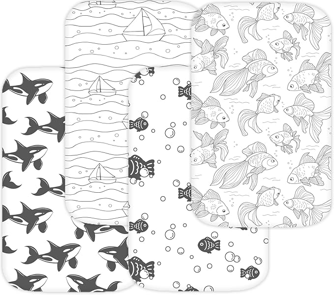 Bassinet Sheets for Airclub, AMKE, LovliTod Baby, Bonbay, Bellababy Bedside Bassinet Sleeper by TansyPanda, 3 Pack, 20x33 Inch, Ultra Soft, Breathable, Snug Fit, Unisex Boys, Girls, Gray (Ocean Fish)