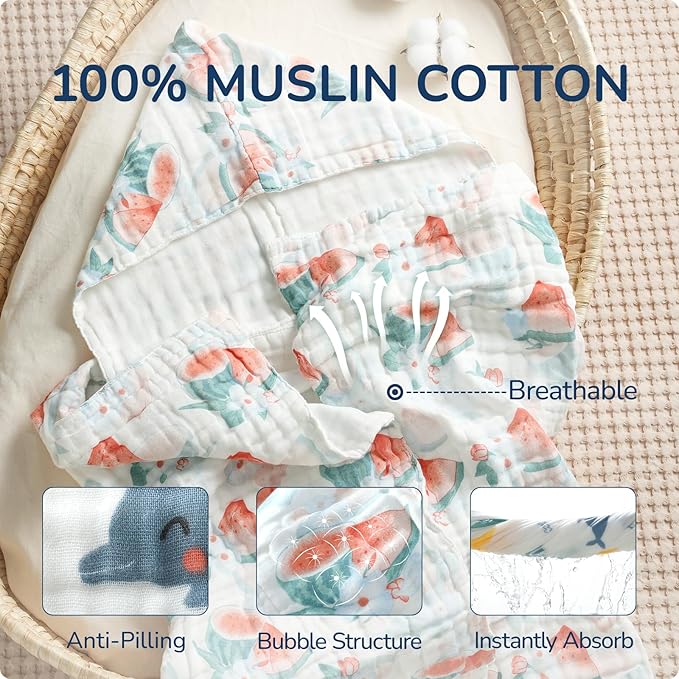 Toddler Hooded Bath Towels,100% Cotton Muslin Baby Towels for Boys Girls,Ultra Soft & Absorbent Quick Dry Kids Towel for Beach,Pool,Bathroom,Large 43x43 Inch