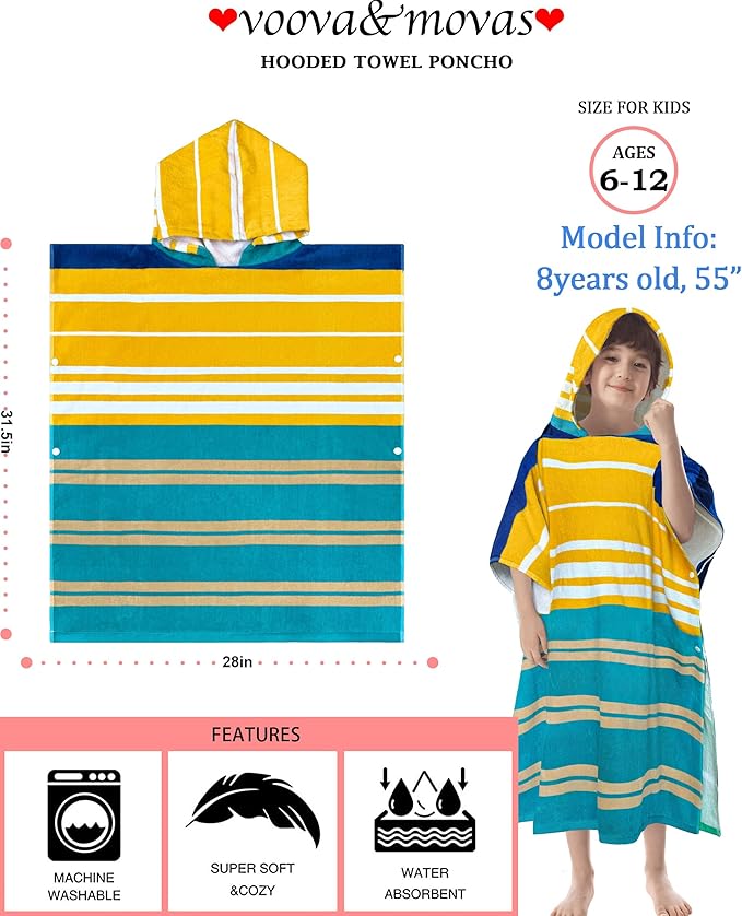 VOOVA & MOVAS Hooded Poncho Towels for Big Kids, Oversized (6-12Years,26"X64") Made from 100% Soft Cotton,Absorbent Bathrobe for Boys,Perfect for Pool| Swimming | Bathing | Beach, Blue Stripe