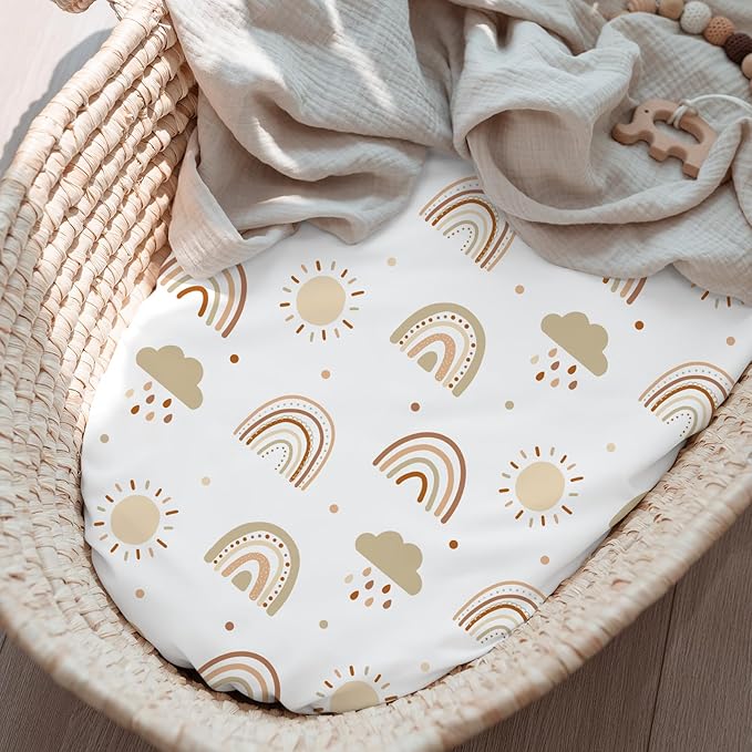 3 Pack Stretchy Bassinet Sheets for Baby Girl Boy, Soft Breathable Baby Bassinet Mattress Sheets Fit for Hourglass Oval Cradle, Moses Basket Rectangle Mattress (Brown Rainbow)