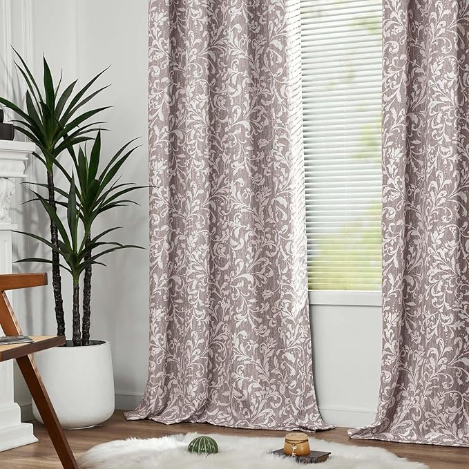 jinchan Blackout Curtains for Bedroom, Taupe Grey Scroll Floral Patterned Curtains 96 Inch Length for Living Room, Vintage Art Deco Drapes, Thermal Insulated Window Curtains Grommet 2 Panels