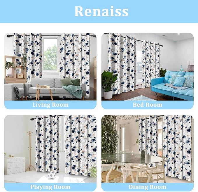 Renaiss Floral Blackout Curtains for Bedroom Pretty Rose Flowers Pattern Curtain & Drapes Thermal Insulated Black Out Curtain for Living Room 53W x 63L inches 2 Panel Set