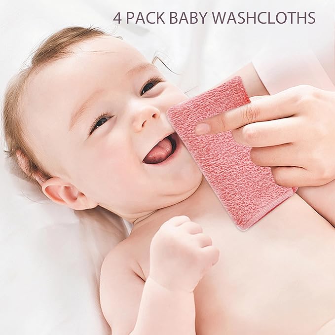 4 Pack Baby Washcloths 100% Cotton Soft and Absorbent Terry Wash Cloths for Sensitive Skin Face Hand Body Burp Rag Wipes Essentials for Newborns Infants Toddlers Girls Boys