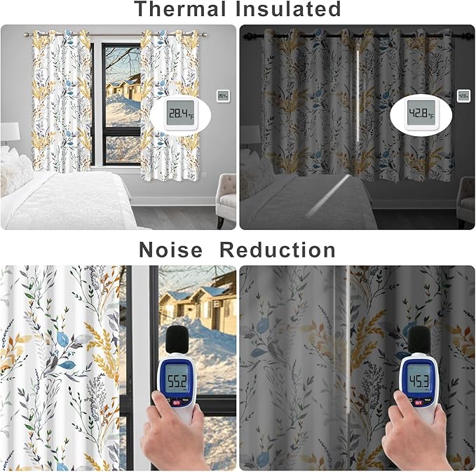 Floral Black Out Curtains 63 Inch Long, Patterned Blackout Curtains for Bedroom and Living Room, Farmhouse Privacy Soundproof Room Darkening Drapes 2 Panels Set, Thermal Curtains for Winter Insulated