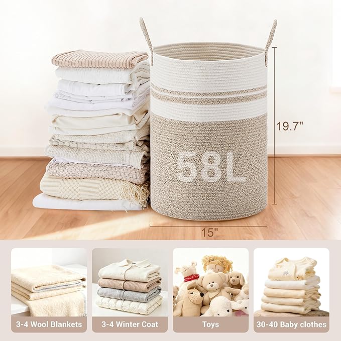 Tall Laundry Basket with Handles, 100L Portable Dirty Clothes Hamper, Boho Cotton Rope Storage Bin for Blankets Kids Toys Gifts, Extra Large Organizer for Nursery Bedroom Bathroom, New Brown