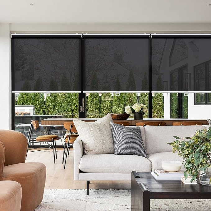 AOSKY Cordless Roller Shades for Windows Light Filtering Shades with 5% Openness Solar Screen Semi Sheer Roller Blinds UV Protection for Office and Home. Easy to Install 27" W x 72" H (Black)