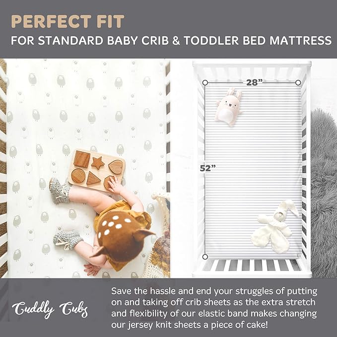 Cuddly Cubs 2 Pack Jersey Cotton Crib Mattress Sheets for Baby Boy, Girl - Grey Stripes, Sheep Toddler Bed Sheets - Fits Standard 28 x 52" Crib and Toddler Mattress