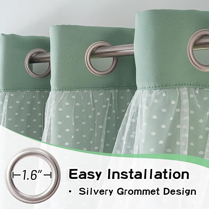 MYSKY HOME Curtains for Girls Bedroom & Nursery Kids Green Cute Curtains Double Layer with Polka Dots Sheer, Grommet Tops, 52x84 Inch Each Panel, 2 Panels