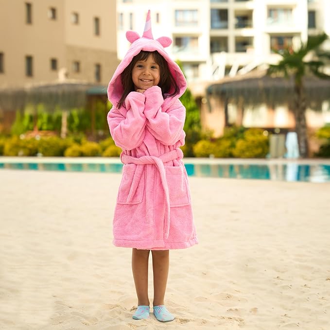 BAGNO MILANO Kids Organic Turkish Cotton Hooded Beach Cover-Up Towel, GOTS Certified, for Boys and Girls (Pink Unicorn, 7-8 Years)