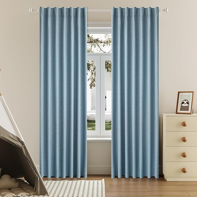 DUALIFE 90 Inch Blackout Slate Blue Curtains Boho, Thermal Insulated Curtains for Summer Heat for Bedroom Living Room Linen Pleated Drapes 90 Inches Long Rod Pocket(50W x 90L x 2 Panels) Stone Blue