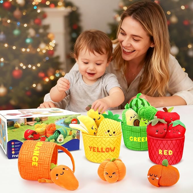 TOHIBEE Baby Sensory Toys -16 PCS Fruit Vegetable Color Sorting Play Food with Rattle,Crinkle,Baby Toys 6-12 Months Montessori Toys for 1 Year Old Boy Girl, Baby Stocking Stuffers