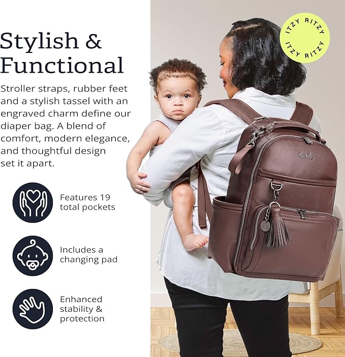 Itzy Ritzy Diaper Bag Backpack – Large Capacity Boss Plus Baby Backpack Diaper Bag Featuring 19 Pockets, Changing Pad, Stroller Clips, and Comfortable Straps (Espresso)